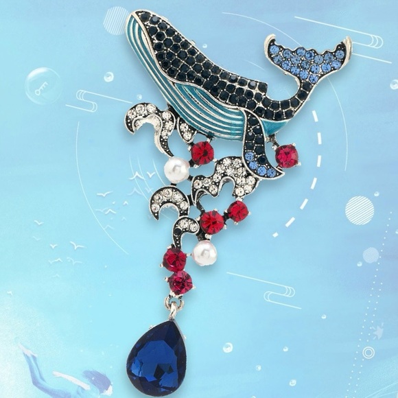 Large Whale Brooch Blue Whale Pin Vintage Style Pin Rhinestone Whale Brooch - Picture 4 of 7